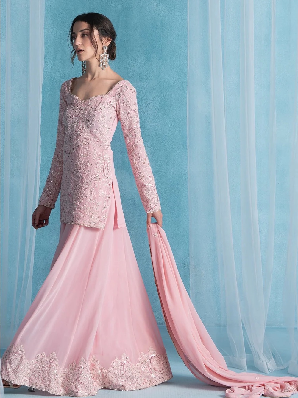 Light Pink Embroidered Lucknowi Sharara Suit — image 3 of 8
